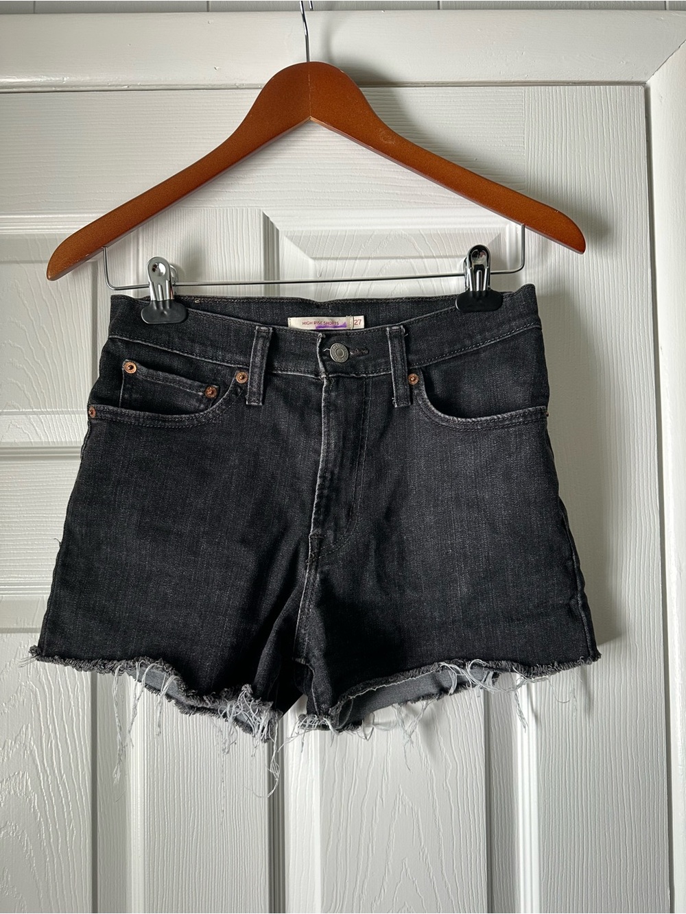 Levi’s Black Frayed Hem High Rise Denim Shorts